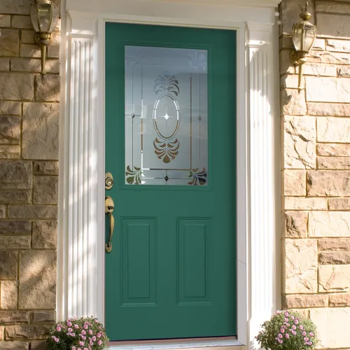a building with a green door