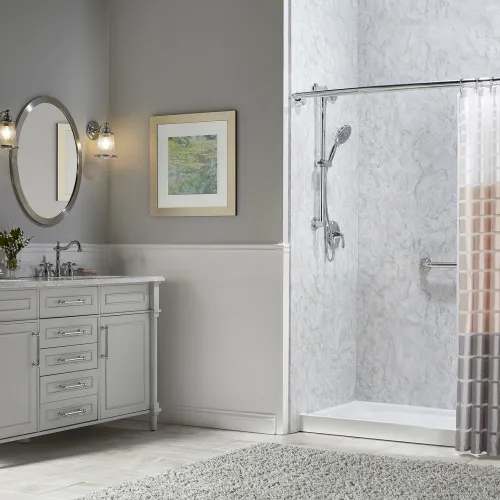 a room with a sink and a mirror