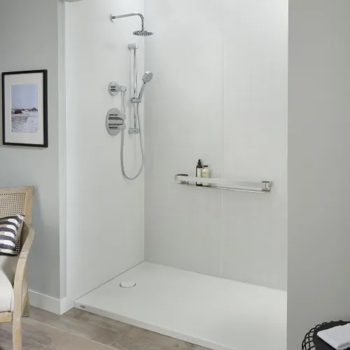 a bathroom with a walk-in shower