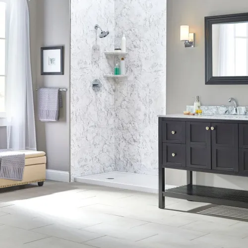 a bathroom filled with furniture and a large window