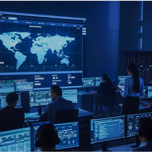 Cybersecurity team monitoring global network data and threat analysis in high-tech control room with multiple screens.