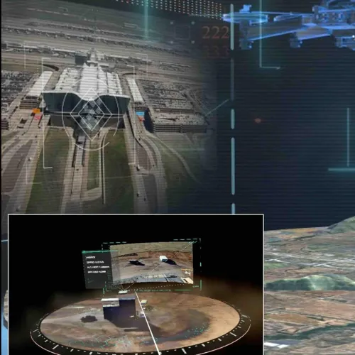 Futuristic aerial view of a building with digital interface HUD overlays and tactical map with tracked vehicles.