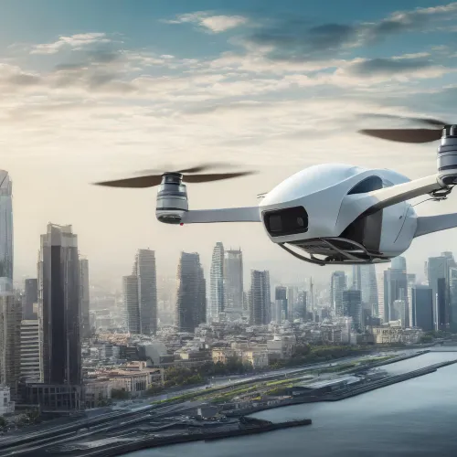 A sleek white drone flying over a modern city skyline near a waterfront.