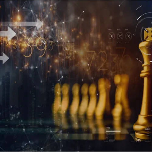 Golden chess king piece leading a row of chess pieces with digital data and arrows overlay in a cityscape background