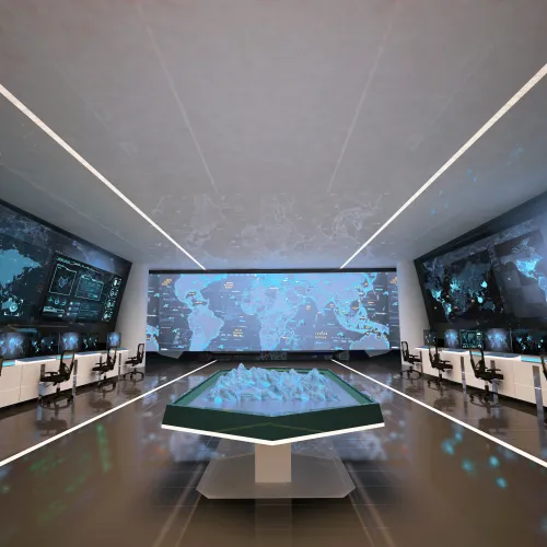 Futuristic command center with multiple screens displaying global maps and data analytics.