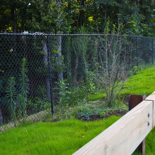 Wooden guardrail along vibrant green grass with chain link fence and dense forest trees in background.