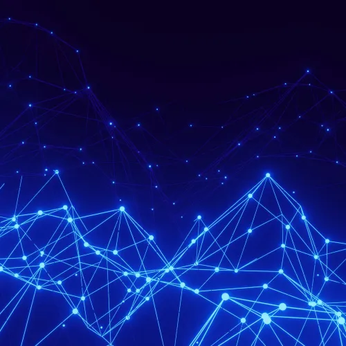 Blue glowing connected dots and lines forming a futuristic digital network on a dark background.