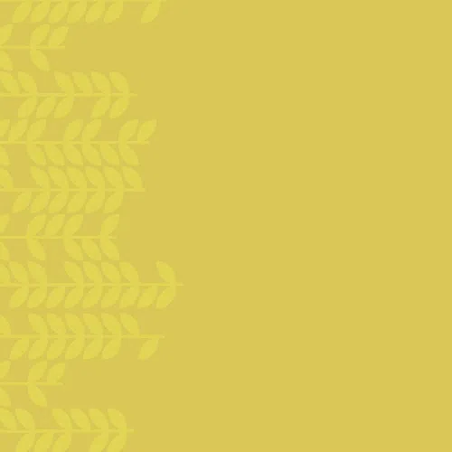 Yellow background with subtle wheat pattern on the left side creating an agricultural theme.