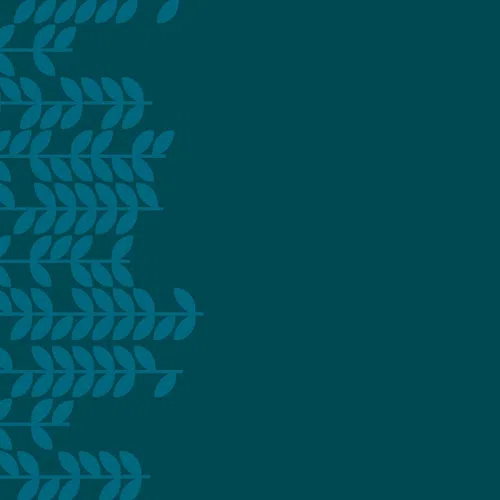 Teal background with left-aligned pattern of stylized leaf shapes creating a border effect.