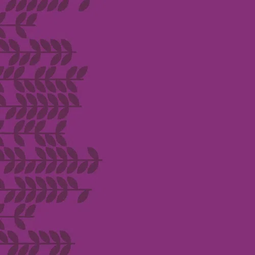 Dark purple leaf pattern on the left over a solid bright purple background with ample empty space on the right.