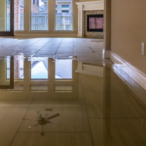 a room with a large glass door