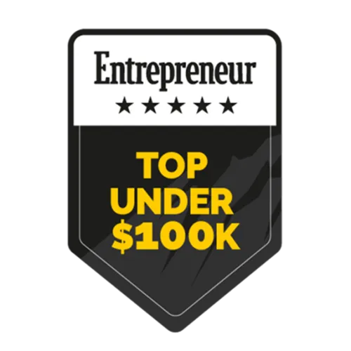 Entrepreneur badge featuring 'Top Under $100K' in bold yellow and black design.