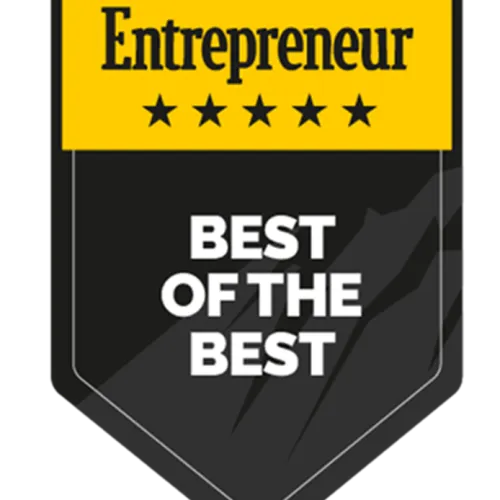 Entrepreneur award badge with yellow and black colors and text Best of the Best and five stars