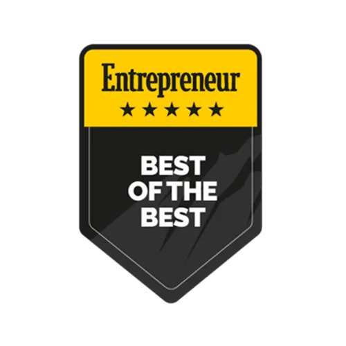 Entrepreneur Best of the Best award badge with five stars and bold text on black and yellow background