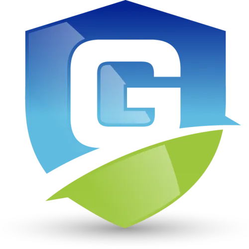 Blue and green shield logo featuring a large letter G with a speech bubble design and a subtle shadow beneath.