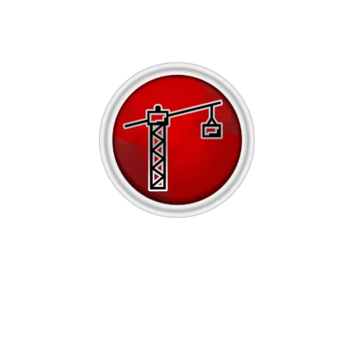 Red circular icon with white outline featuring a black and white construction crane graphic in the center.
