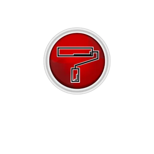 Glossy red circular button with a white paint roller icon in the center and a silver border.