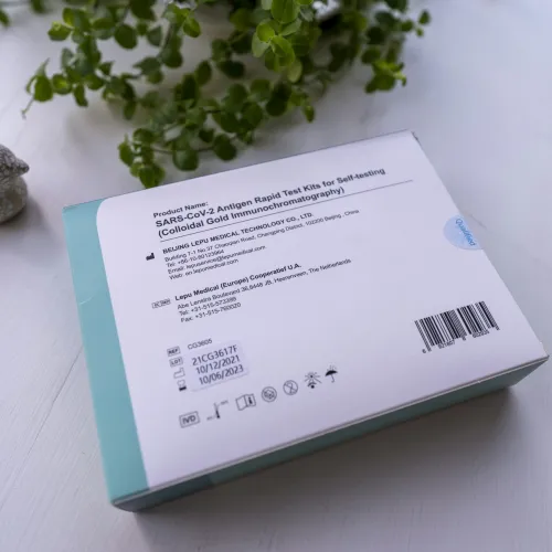 Box of SARS-CoV-2 Antigen Rapid Test Kit placed on a table with a small decorative bird and green plant in background.