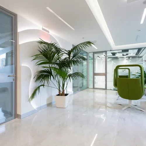 Modern office lobby with white walls, green chairs, potted plants, glass doors, and bright ceiling lights.