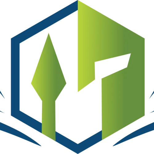 Green and blue geometric logo with a hexagon and arrow shapes forming a shield-like design with curved lines.