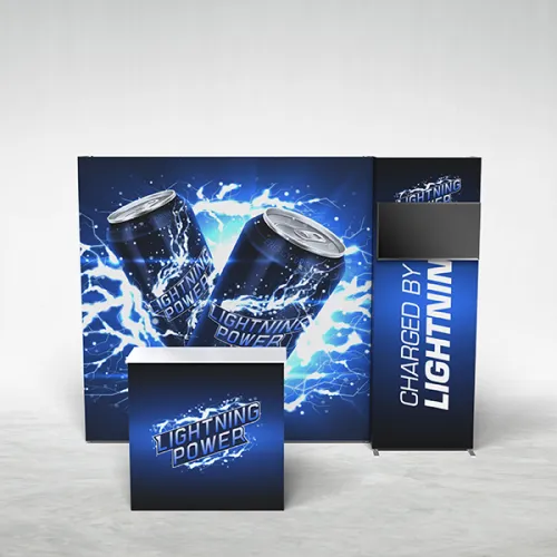 Exhibition booth featuring Lightning Power energy drink with lightning and electric blue design elements.