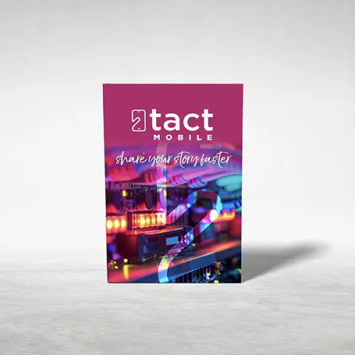 Tact Mobile advertisement with colorful server lights and tagline share your story faster on a purple background.