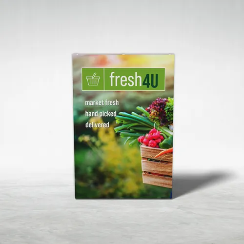 Fresh4U sign with basket of fresh vegetables against blurred green and yellow background, promoting market fresh produce delivery.
