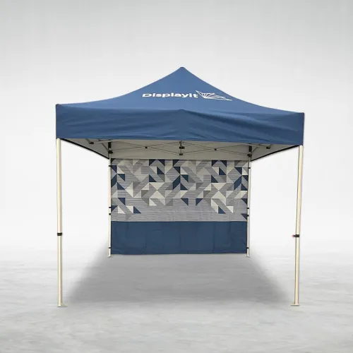 Blue pop-up canopy tent with geometric patterned sidewall and DisplayIt logo on top against white background