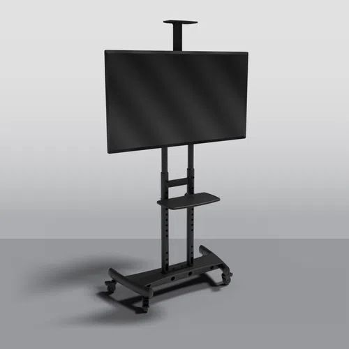 Mobile black TV stand with adjustable mount, small shelf, and four caster wheels on a gray background.