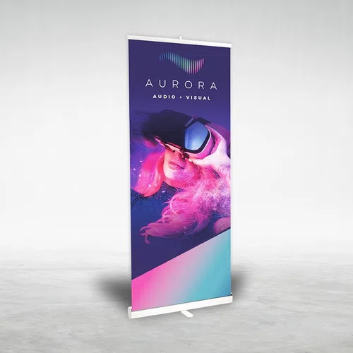 Vertical banner with Aurora Audio Visual logo and a person wearing VR headset surrounded by colorful pink and blue effects.