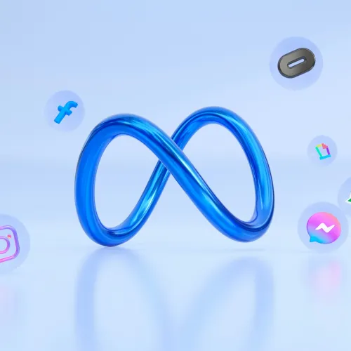 Blue Meta infinity symbol surrounded by social media app icons on a light blue background.