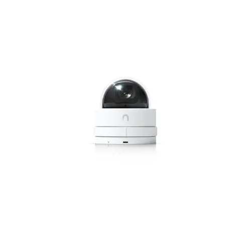 Compact white security camera with black dome lens on a reflective white surface against plain background