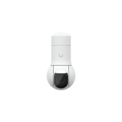 Compact white security camera with a black lens and Ubiquiti logo on a white background.