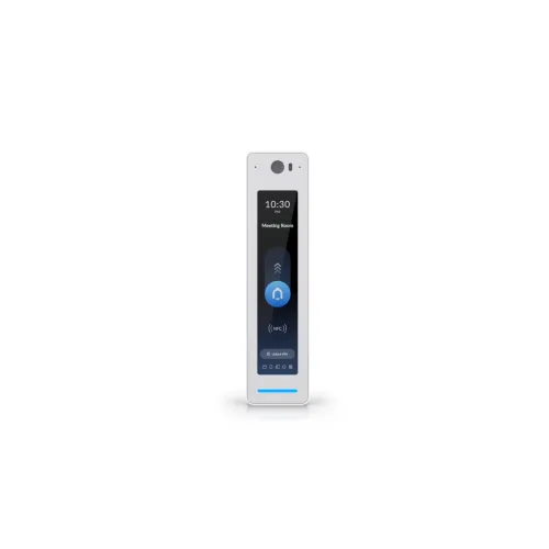 Front view of a sleek white smart door lock with touchscreen display and camera on a white background