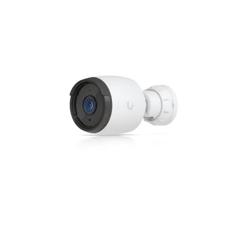 White security camera with black lens on white background showing compact design