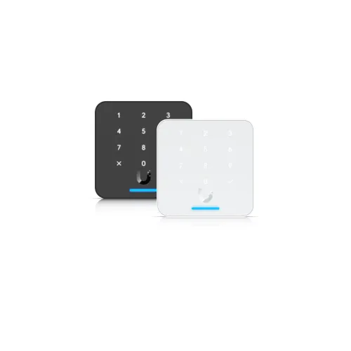 Black and white smart keypads with touch buttons and blue LED light on white background