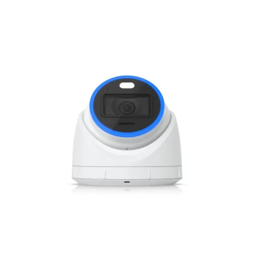 Compact white security camera with a blue ring around the lens on a white background