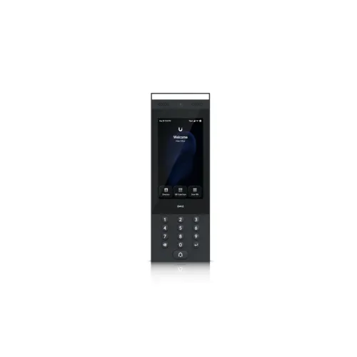 Sleek black VoIP phone with touchscreen and physical keypad on white background