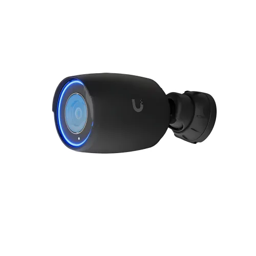 Black security camera with blue LED ring and adjustable mount isolated on white background