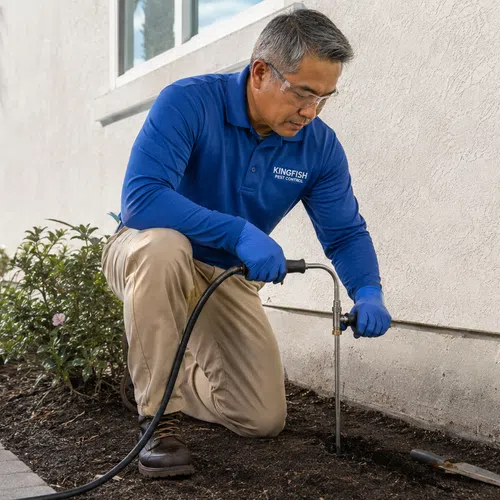 Termite technician in blue uniform using tools to treat soil along home's foundation near garden bed.