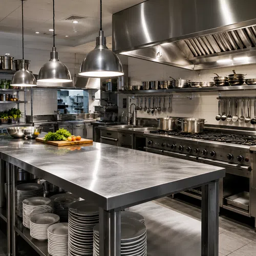 Modern stainless steel professional kitchen with large prep table, stove, pots, pans, and hanging utensils