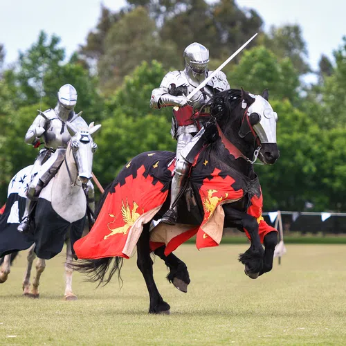 Two knights in shining armor jousting on horses with colorful heraldic caparisons in an outdoor arena.