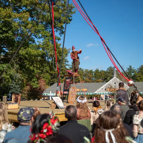 Performer on stilts entertains a crowd at an outdoor festival with trees and buildings in background