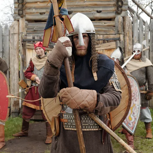 Medieval warriors in armor with shields and weapons standing outside a wooden fort gate on grass.