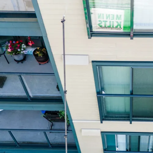 a building with windows and plants