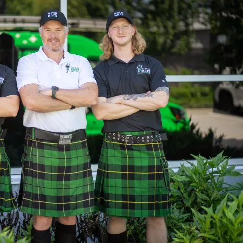 a group of people wearing kilts