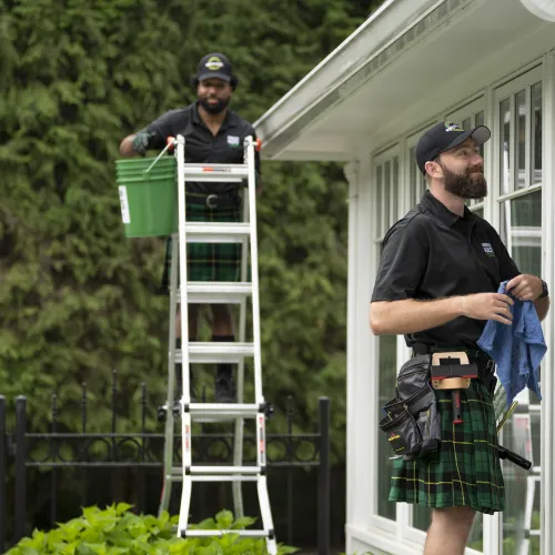 a couple of men standing on a ladder with a green bin on it
