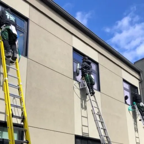 a group of people on a building