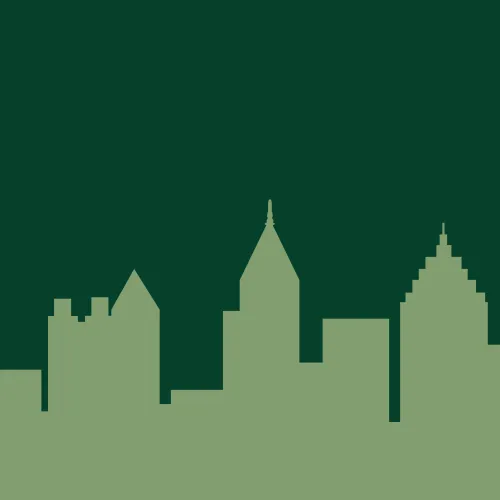 Minimalist city skyline silhouette with various building shapes in green shades on dark background