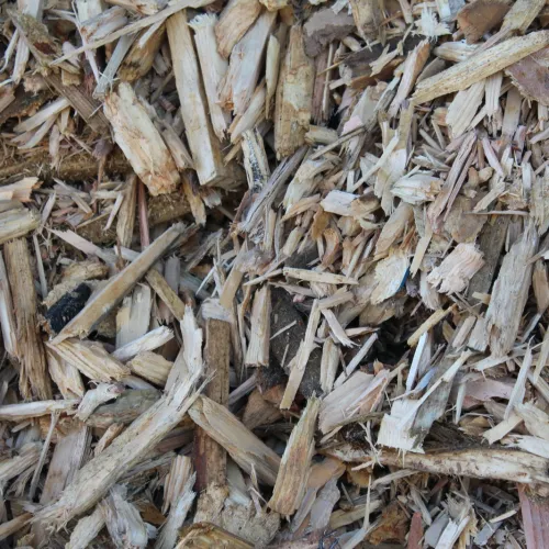 Close-up of natural wood chips and bark mulch scattered on the ground in various sizes and shades of brown.